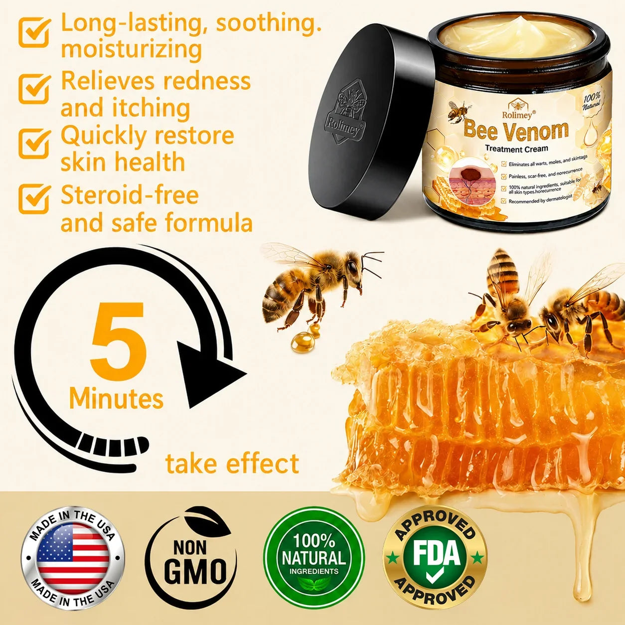 🥇👨‍⚕️Rolimey® Bee Venom Skin Treatment Cream - (Helping with acne, wart, rosacea, psoriasis, age spots, eczema, and reducing the appearance of stretch marks)