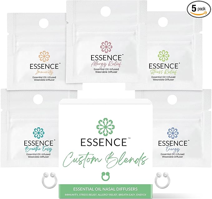 Essence Nasal Diffuser Custom Blends Bundle – Essential Oil Silicone Nose Rings for Energy, Immunity, Stress & Allergy Relief – Wearable Aromatherapy for Daily Wellness & Relaxation
