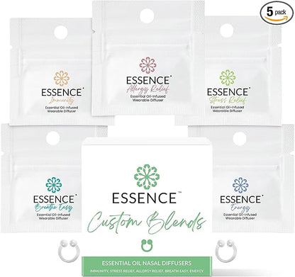 Essence Nasal Diffuser Custom Blends Bundle – Essential Oil Silicone Nose Rings for Energy, Immunity, Stress & Allergy Relief – Wearable Aromatherapy for Daily Wellness & Relaxation