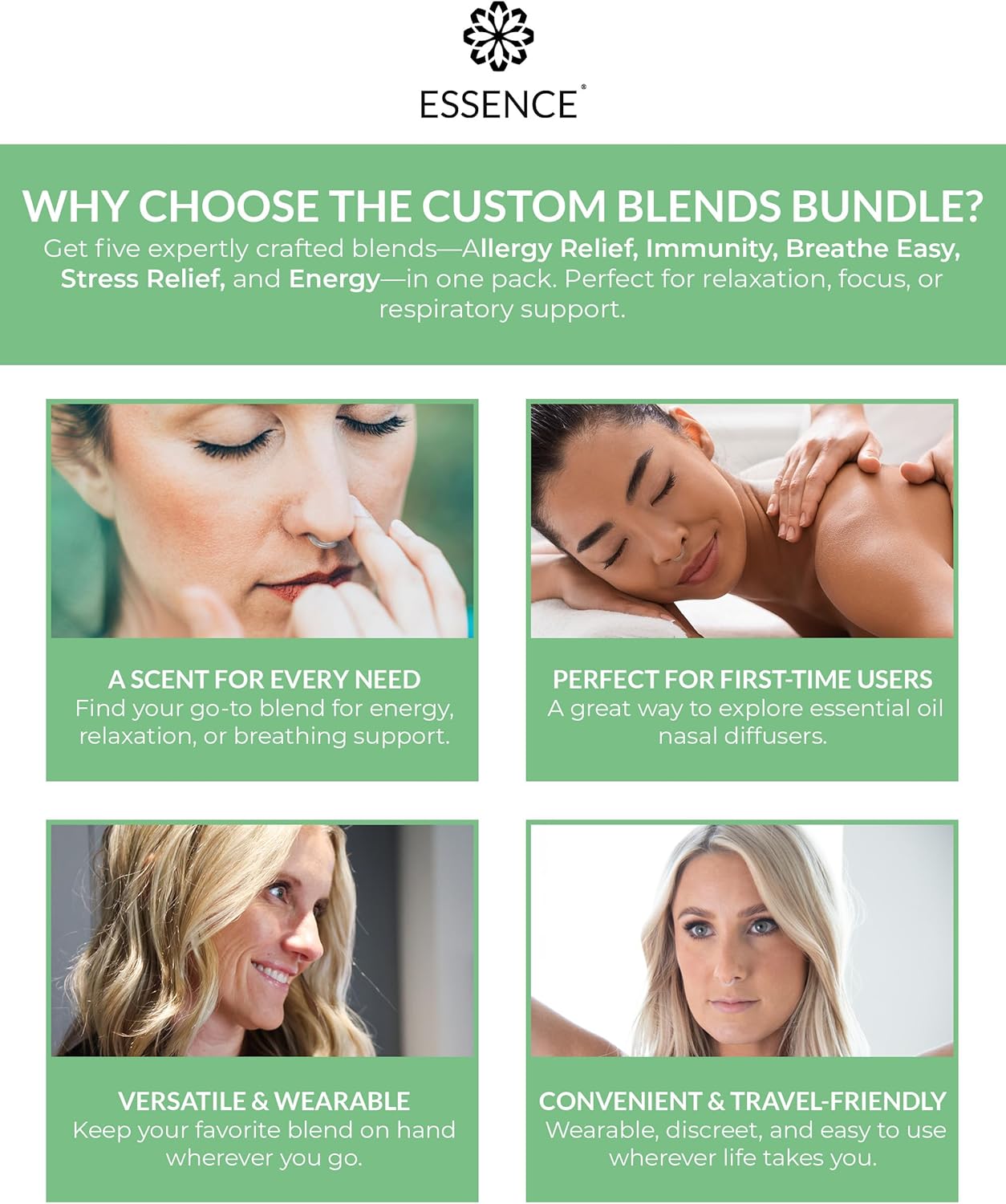 Essence Nasal Diffuser Custom Blends Bundle – Essential Oil Silicone Nose Rings for Energy, Immunity, Stress & Allergy Relief – Wearable Aromatherapy for Daily Wellness & Relaxation