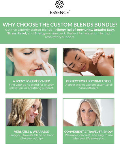 Essence Nasal Diffuser Custom Blends Bundle – Essential Oil Silicone Nose Rings for Energy, Immunity, Stress & Allergy Relief – Wearable Aromatherapy for Daily Wellness & Relaxation