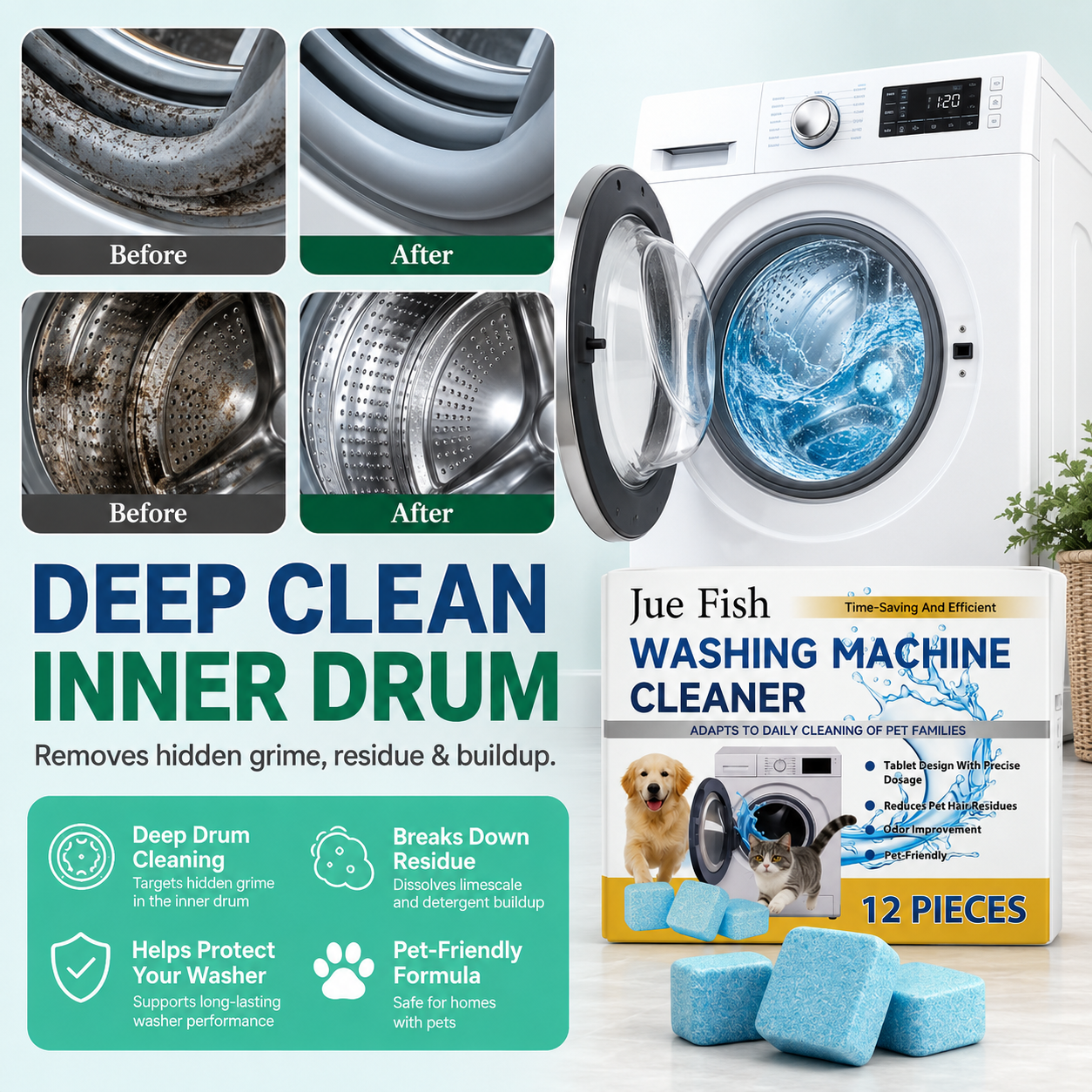 🔥Last Day 50% OFF🔥- 🐕 Pet-Friendly Washing Machine Cleaner Tablets – Deep Clean, Deodorize & Remove Hidden Buildup